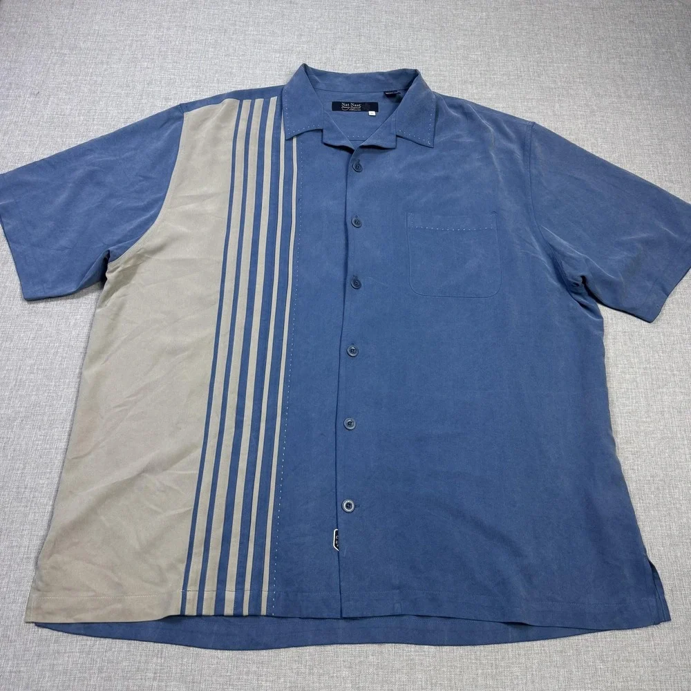 Nat Nast Button-Up Shirt Mens XL Blue Colorblock Silk Short Sleeve Relaxed Fit